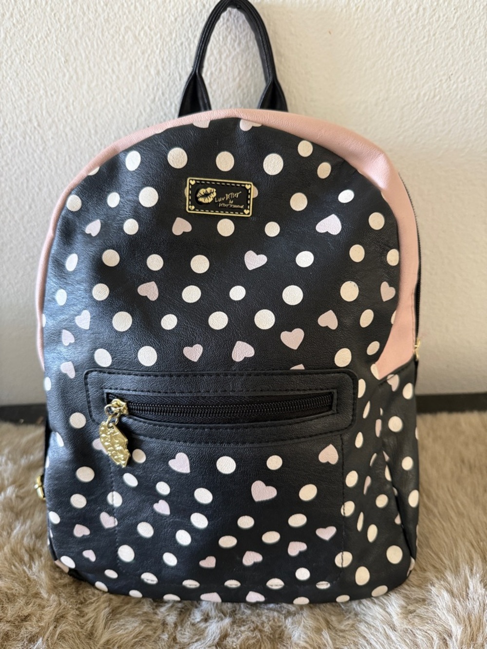 Betsey Johnson Black and Pink Polka Dot Heart Kids Backpack